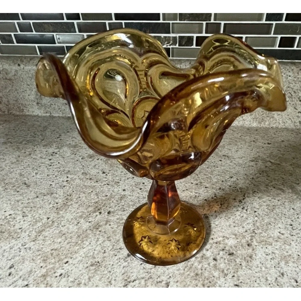 Amber Moon and Stars Pedestal Compote Candy Dish Ruffled Lip Vtg L E Smith 6